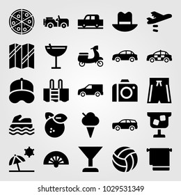Summertime vector icon set. photo camera, beach, motorbike and map