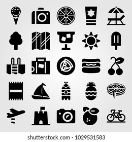 Summertime vector icon set. photo camera, drink, hot dog and pizza