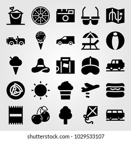 Summertime vector icon set. photo camera, sun umbrella, van and pizza