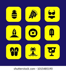 Summertime vector icon set. pizza, surf, ice cream and photo camera