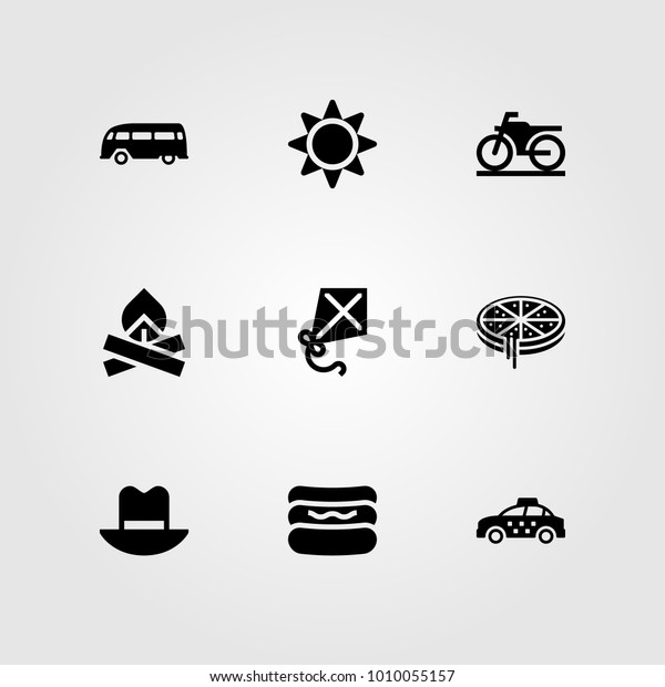 Summertime\
vector icon set. pizza, hat, bonfire and\
kite