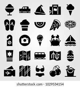 Summertime vector icon set. plane ticket, cherry, map and watermelon