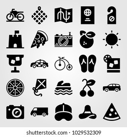 Summertime vector icon set. police car, sun, van and cherry