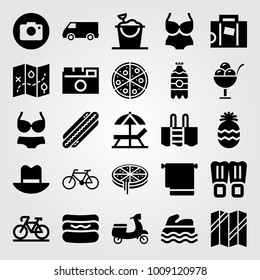 Summertime vector icon set. sand bucket, bicycle, pineapple and hat