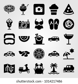 Summertime vector icon set. sand bucket, police car, map and orange
