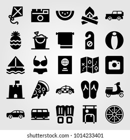 Summertime vector icon set. sand bucket, motorbike, car and sand castle