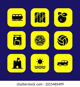 Summertime vector icon set. sand castle, pizza, sea and volleyball