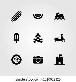Summertime vector icon set. sea scooter, bonfire, hot dog and photo camera