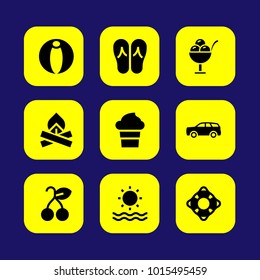 Summertime vector icon set. sea, bonfire, flip flops and ice cream
