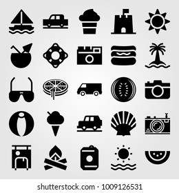 Summertime vector icon set. shell, beach ball, watermelon and van