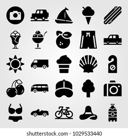 Summertime vector icon set. shell, soda, photo camera and ice cream