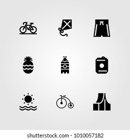 Summertime vector icon set. soda, swimsuit, sun and kite