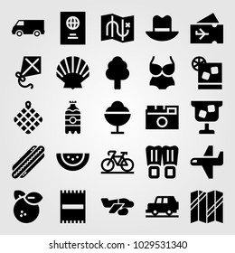 Summertime vector icon set. soda, watermelon, passport and orange