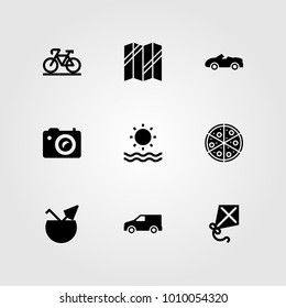 Summertime vector icon set. sport car, kite, van and pizza