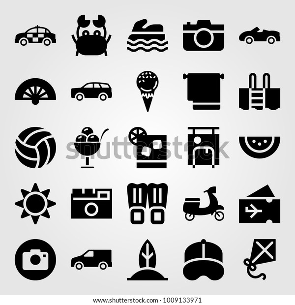 Summertime vector icon set. sport car,\
motorbike, flippers and\
watermelon