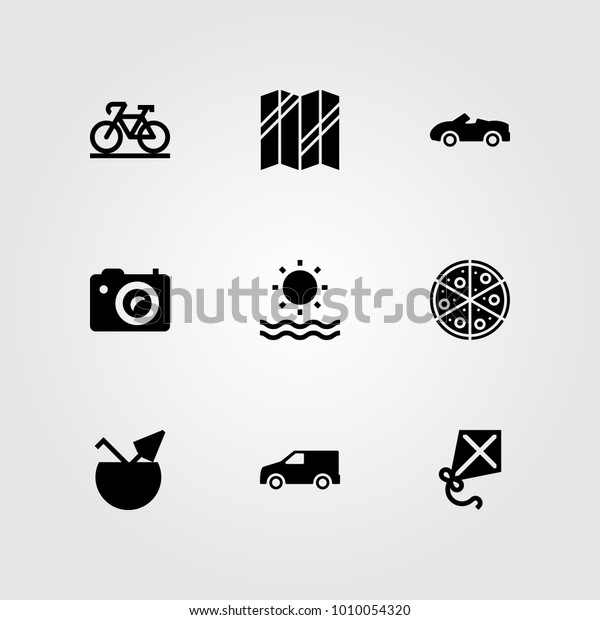 Summertime vector icon set. sport car, kite, van
and pizza