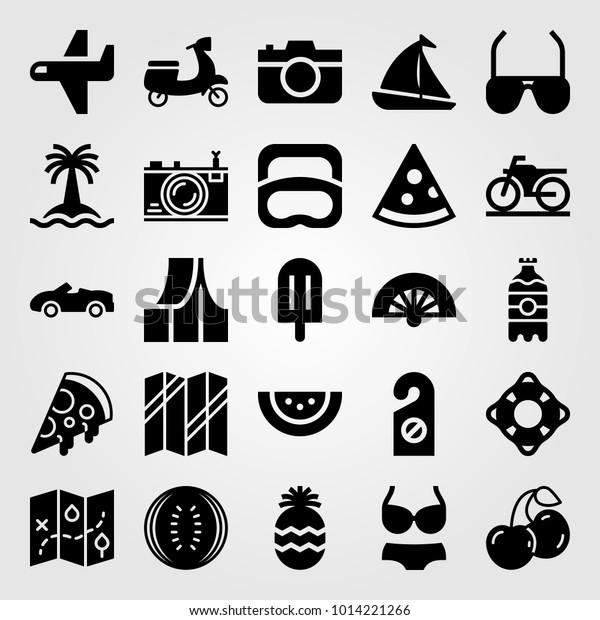 Summertime vector icon set. sport car, cherries,\
sailboat and car