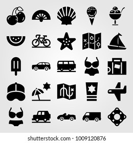 Summertime vector icon set. starfish, cap, fan and van