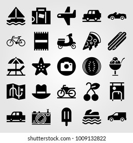 Summertime vector icon set. starfish, beach towel, sea scooter and truck