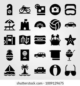 Summertime vector icon set. suitcase, passport, motorbike and map