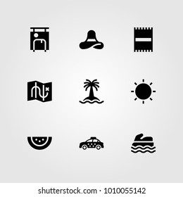 Summertime vector icon set. suitcase, sea scooter, taxi and map