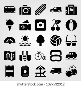 Summertime vector icon set. suitcase, sun, cherry and beach ball
