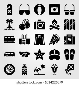 Summertime vector icon set. sunglasses, starfish, baseball cap and map