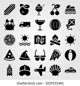 Summertime vector icon set. sunglasses, airplane, cherry and map