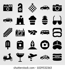 Summertime vector icon set. sunglasses, bus, airplane and drink