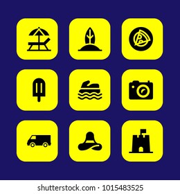Summertime vector icon set. surf, sand castle, truck and car