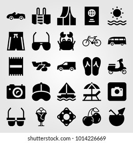 Summertime vector icon set. swimsuit, sport car, cap and truck