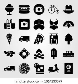 Summertime vector icon set. swimsuit, airplane, photo camera and bicycle