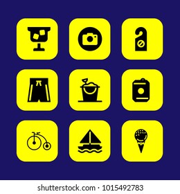 Summertime vector icon set. swimsuit, sand bucket, photo camera and ice cream