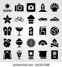 Summertime vector icon set. taxi, swimsuit, towel and suitcase