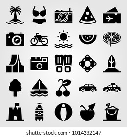 Summertime vector icon set. taxi, soda, bikini and sailboat
