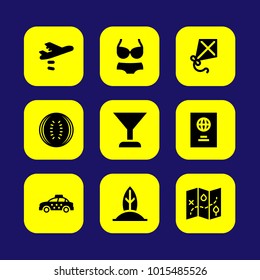 Summertime vector icon set. taxi, kite, surf and bikini