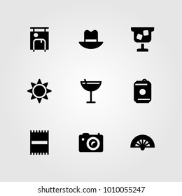 Summertime vector icon set. towel, fan, hat and drink