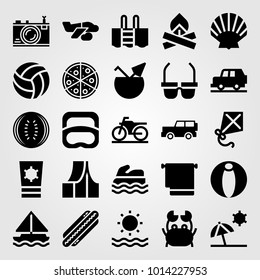 Summertime vector icon set. towel, sea scooter, watermelon and sailboat