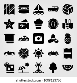 Summertime vector icon set. tree, towel, photo camera and plane ticket