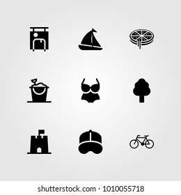 Summertime vector icon set. tree, sailboat, bicycle and sand bucket