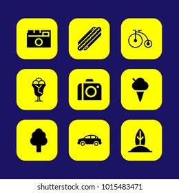 Summertime vector icon set. tree, photo camera, bicycle and car
