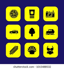 Summertime vector icon set. tree, shell, car and pizza
