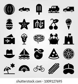 Summertime vector icon set. truck, hat, sailboat and plane ticket