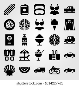 Summertime vector icon set. truck, hot dog, shell and bikini