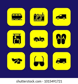 Summertime vector icon set. truck, flip flops, sunglasses and photo camera