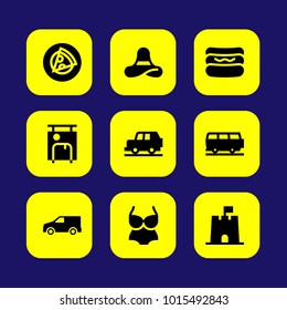 Summertime vector icon set. truck, pamela, hot dog and swimsuit