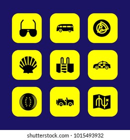 Summertime vector icon set. truck, car, pizza and shell