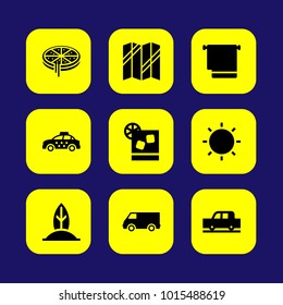 Summertime vector icon set. van, map, sun and pizza