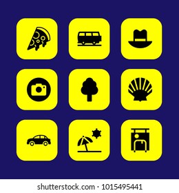Summertime vector icon set. van, shell, suitcase and tree