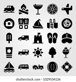 Summertime vector icon set. van, cocktail, ice cream and jeep